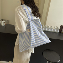 慵懶風大容量條紋帆布包2024夏季托特包復古小清新腋下手提購物袋