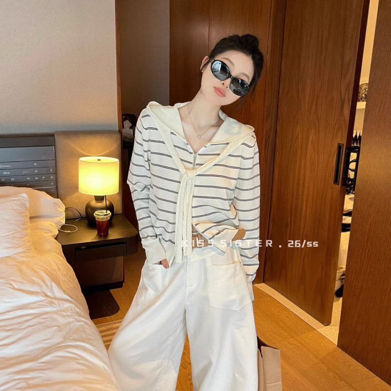Hooded Double-Chain Splicing Striped Faux Two-Piece Shawl Design Fashionable Versatile Knit Cardigan Z3007 Hooded Double-Chain Splicing Striped Faux Two-Piece Shawl Design Fashionable Versatile Knit Cardigan Z3007