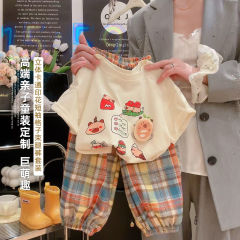 女童立体卡通萌趣印花短袖格子裤两件套2025夏季新款儿童T恤