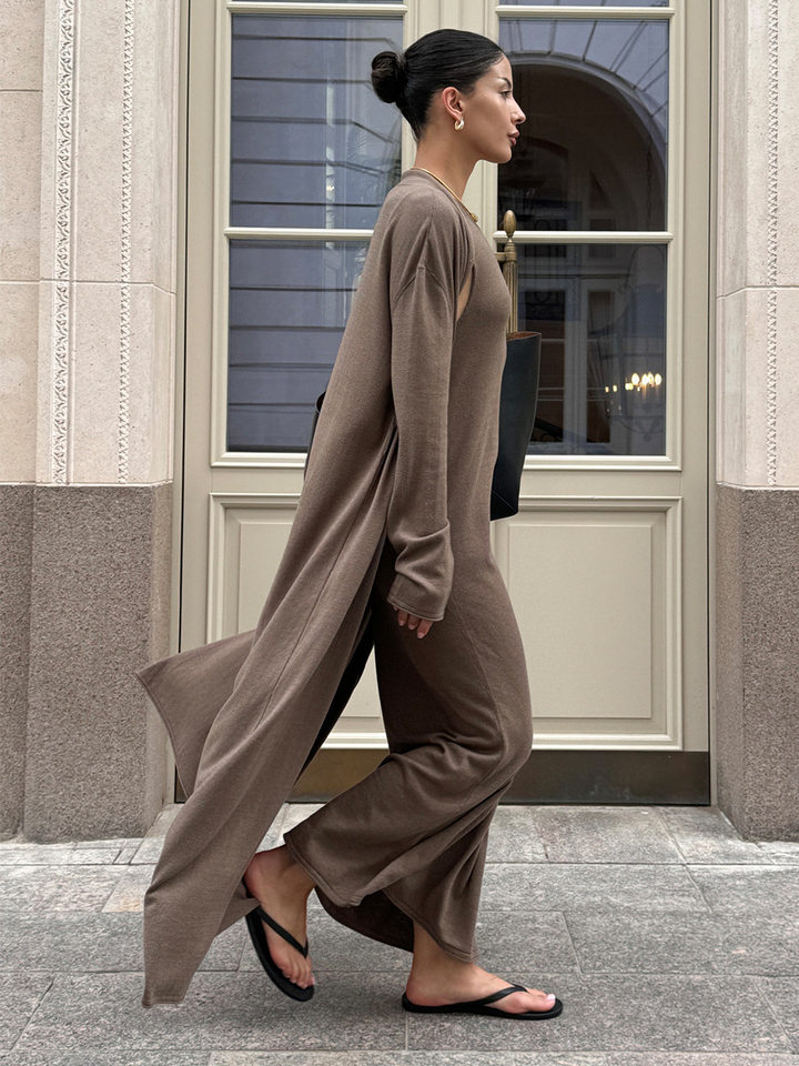 Bộ đầm dài kèm áo cardigan dệt kim dài tay nữ — Màu cà phê đậm, Màu hồng, Màu trắng, Màu xám chi tiết 124