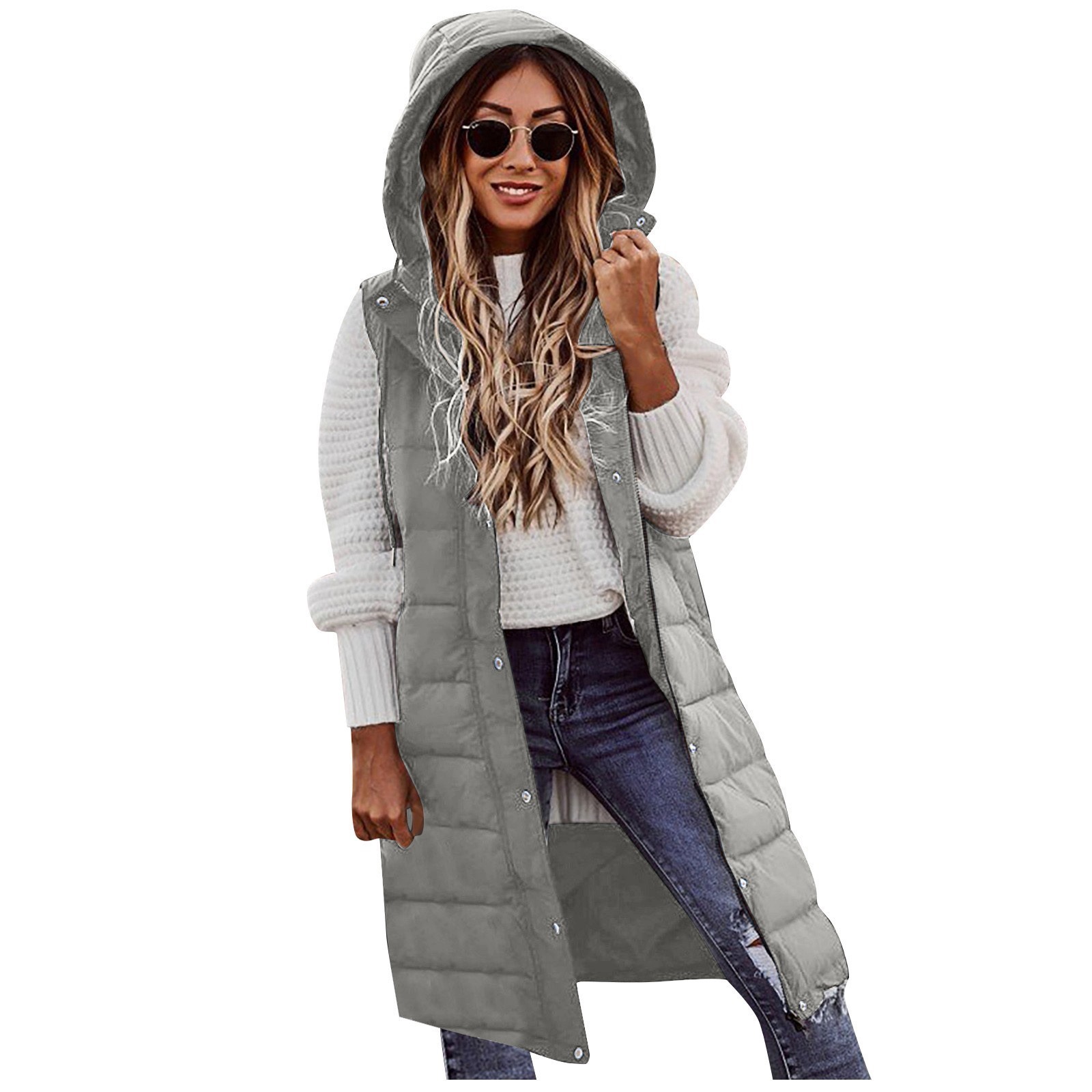 Europa y América nueva moda casual Chaqueta de algodón acolchado de color sólido con capucha chaleco Delgado elegante cardigan sin mangas abrigo de longitud media para las mujeres image 10