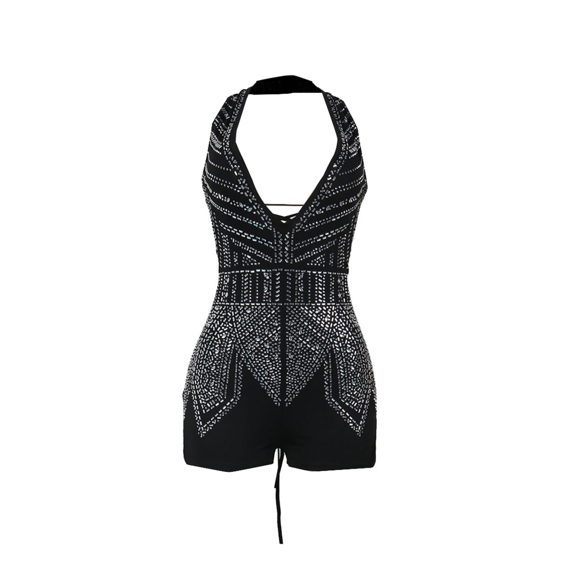 Combinaison short dos nu à bretelles et col licou pour femme avec diamants profonds_voghion.com