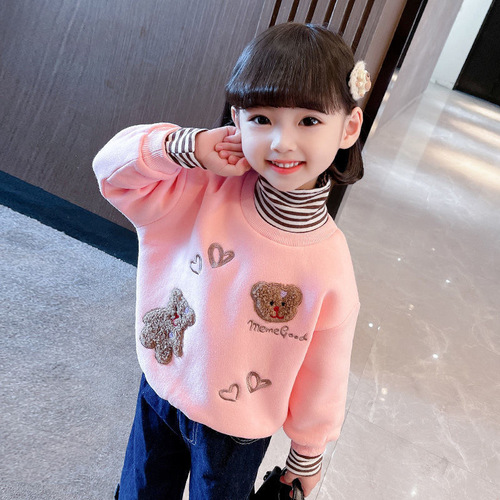 1308# Huamian Composite Silver Fox Fleece Girls' Padded Sweatshirt Autumn/Winter  New Style Trendy Children's Clothing Thickened