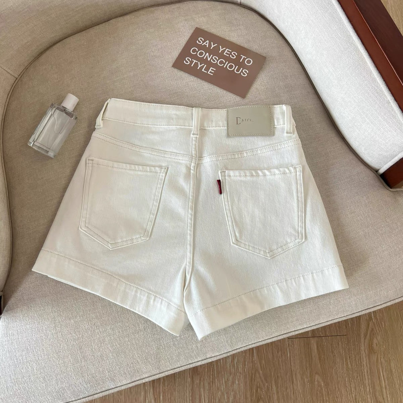 American-Style Simple Denim Shorts for Women, New Spring/Summer Elastic High-Waisted White Slimming Split Casual A-Line Hot Pants American-Style Simple Denim Shorts for Women, New Spring/Summer Elastic High-Waisted White Slimming Split Casual A-Line Hot Pants