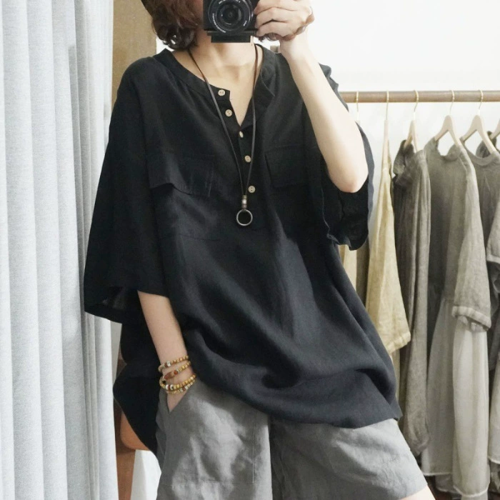 2024 трансграничная хлопково-льняная рубашка с воротником-стойкой, свободная рубашка большого размера, топ с рукавами три четверти, повседневный топ, женский внешнеторговый опт