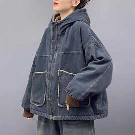 牛仔棉服女冬季复古做旧连帽牛仔外套女百搭加厚颗粒绒棉衣