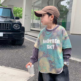 潮男童假两件拼接长袖卫衣秋装2025新款儿童衣服男中大童T恤上衣