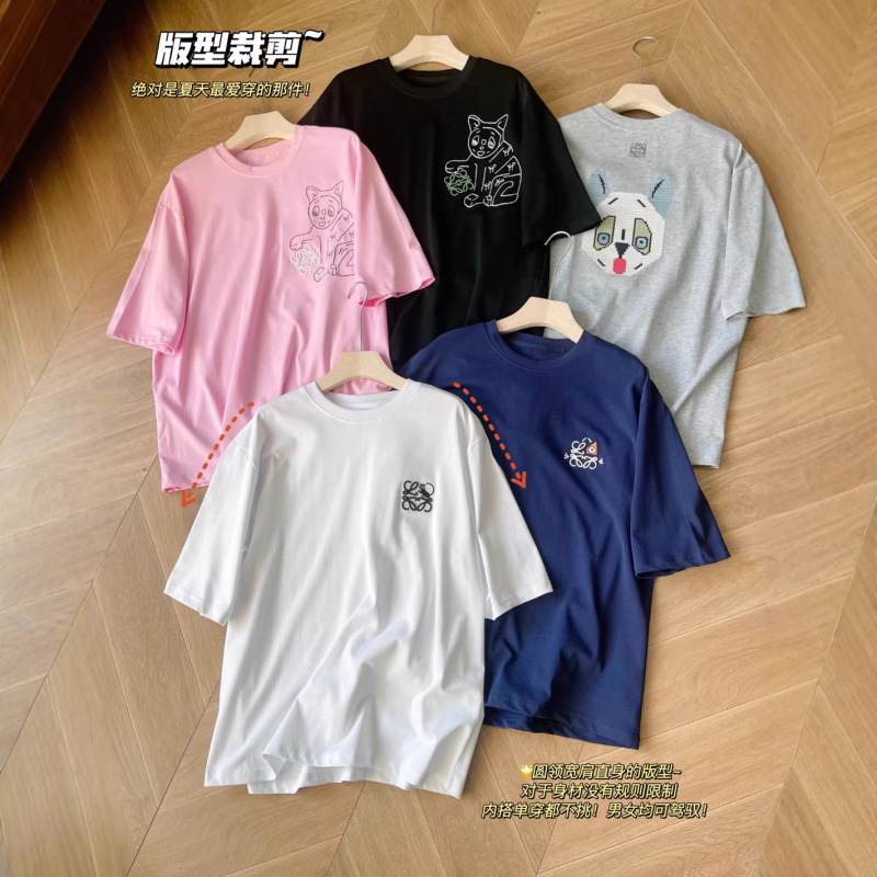 Special Offer 2026 Spring/Summer L0 Same Style Cat Embroidery Loose Versatile Short-Sleeve T-Shirt for Women Casual Comfortable Top