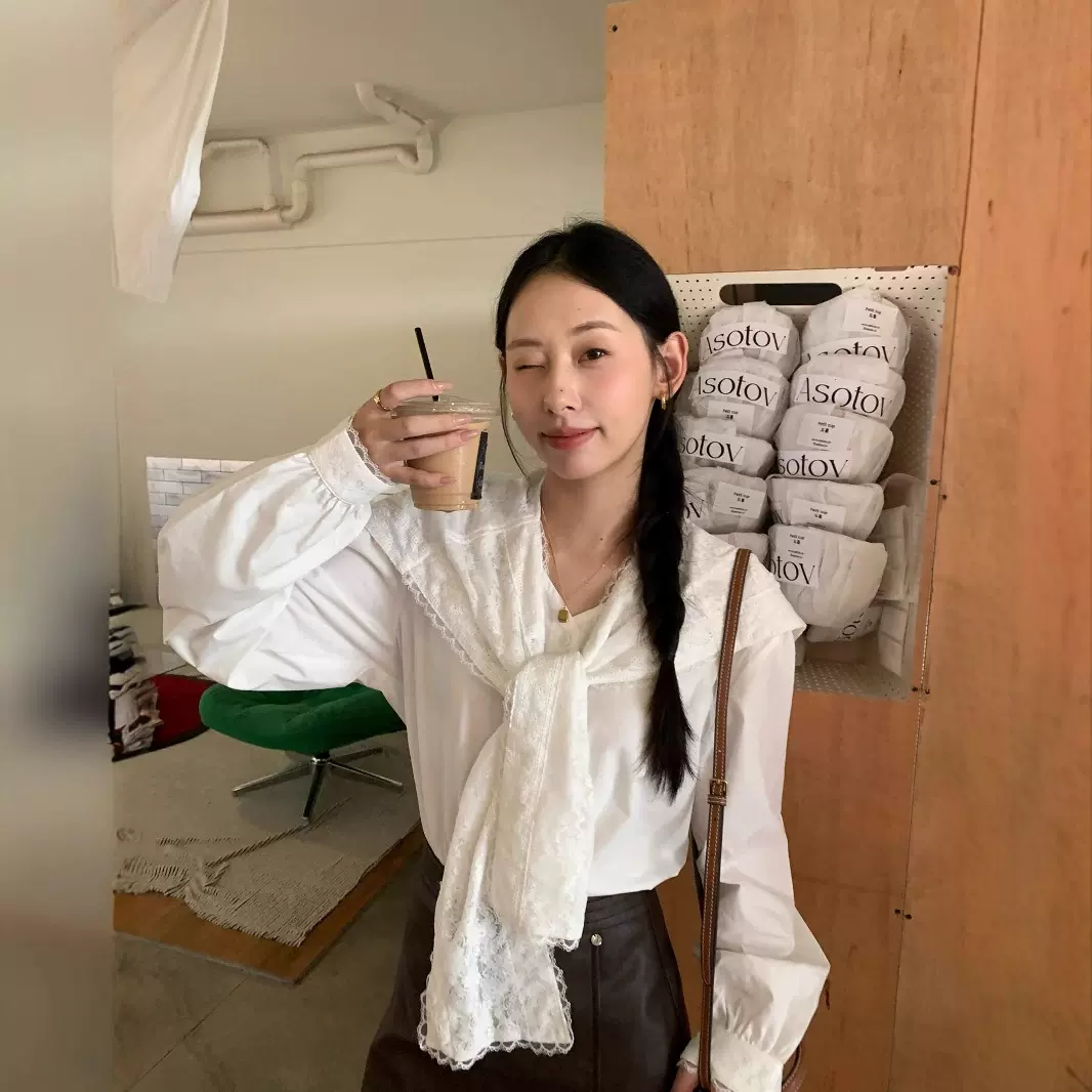 广州黄峥韩版系带纯色衬衫花边长袖上衣女145CY761