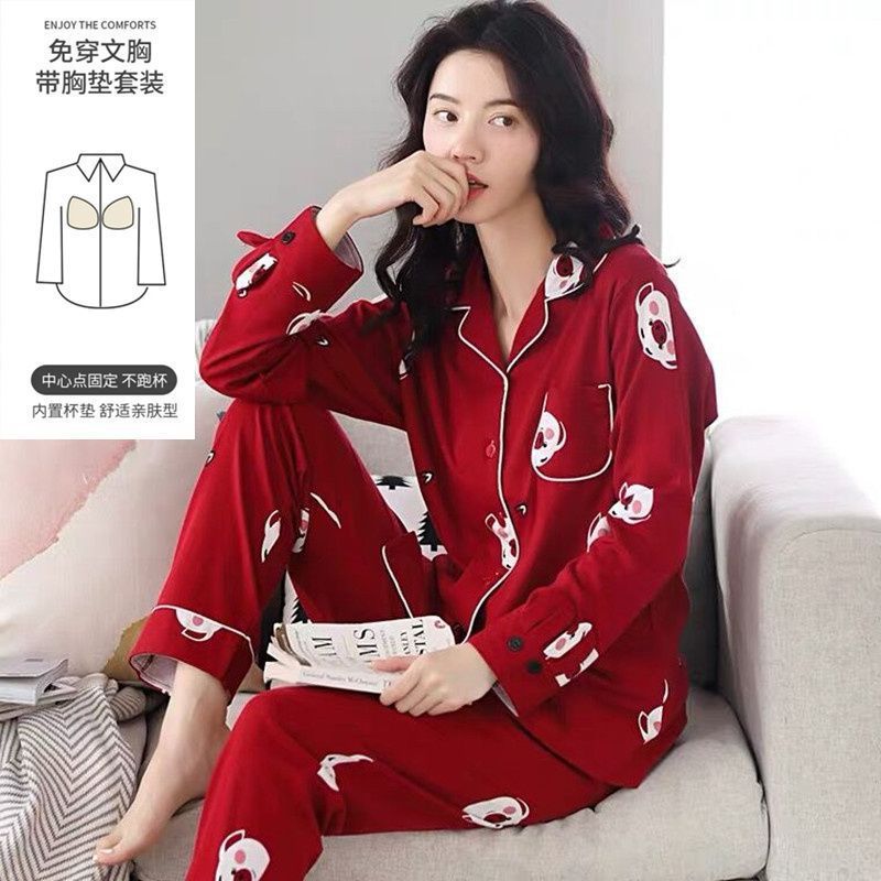 Pijama con cojín de pecho para mujeres primavera y otoño mangas largas 2023 nuevo conjunto de ropa de casa de otoño para mujeres