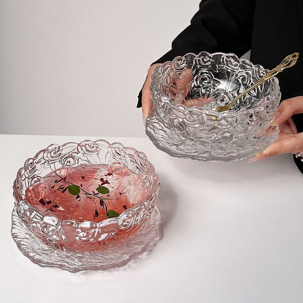 High-value glass rose dessert bowl set exquisite tremella soup bird's nest bowl sugar water ice cream yogurt oat bowl