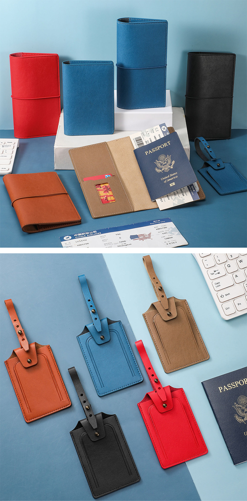 Hakiki Deri Pasaport Kılıfı RFID Korumalı Seyahat Etiket Belge Çantası Pasaport Tutucu Hediye Kutusu Seti Logo Özelleştirme