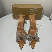 New pointed high heels, slim heels, women's shoes, rhinestone bow, PVC shallow mouth back strap, fashionable women's sandals