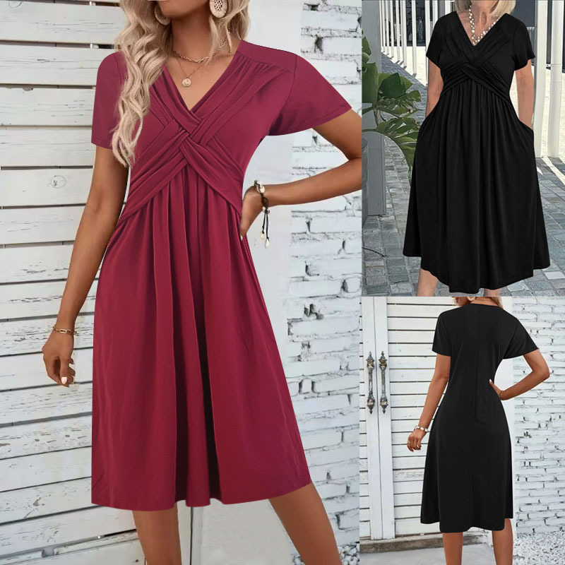 2025 Amazon Summer Short Sleeve Dress Women's Fashion Temperament Cross Pleated V Neck Dress Mid-Length Skirt