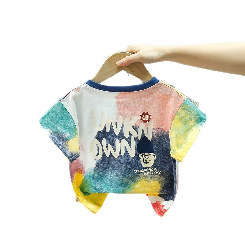 7832 Camiseta de manga corta de verano para niños Nueva versión coreana de la blusa de media manga de teñido anudado para bebés