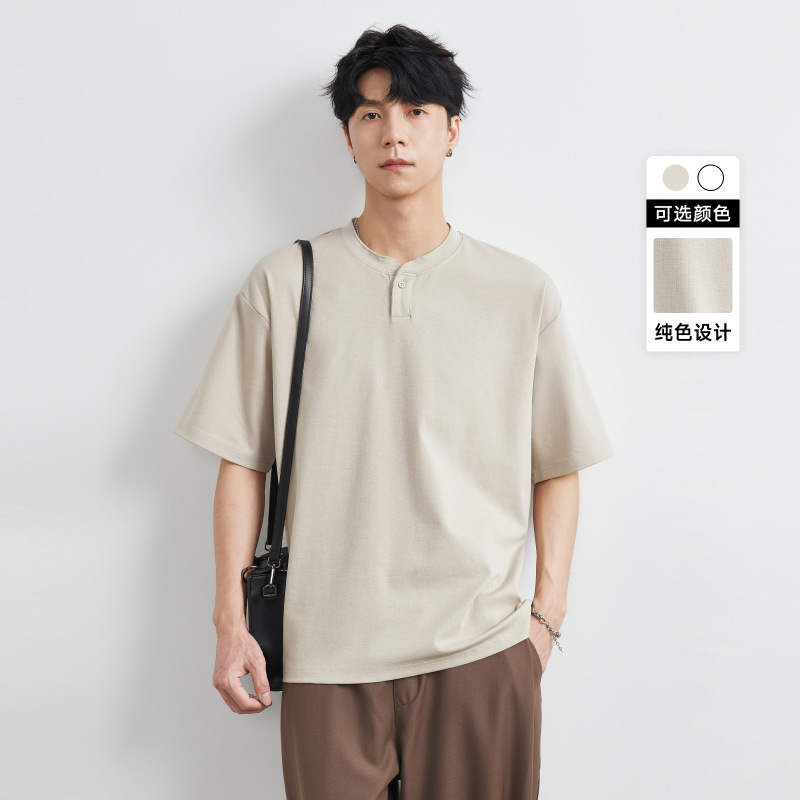 210g Heavyweight Mercerized Cotton Henley Collar Short-Sleeve T-Shirt for Men, Summer 2026 New Style, Cool-Touch Half-Sleeve Top