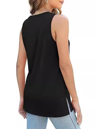 Transfronterizo 2024 nuevo estilo comercio exterior europeo y americano casual imitación algodón suelto color sólido chaleco sin mangas cuello redondo apertura lateral top femenino image 4
