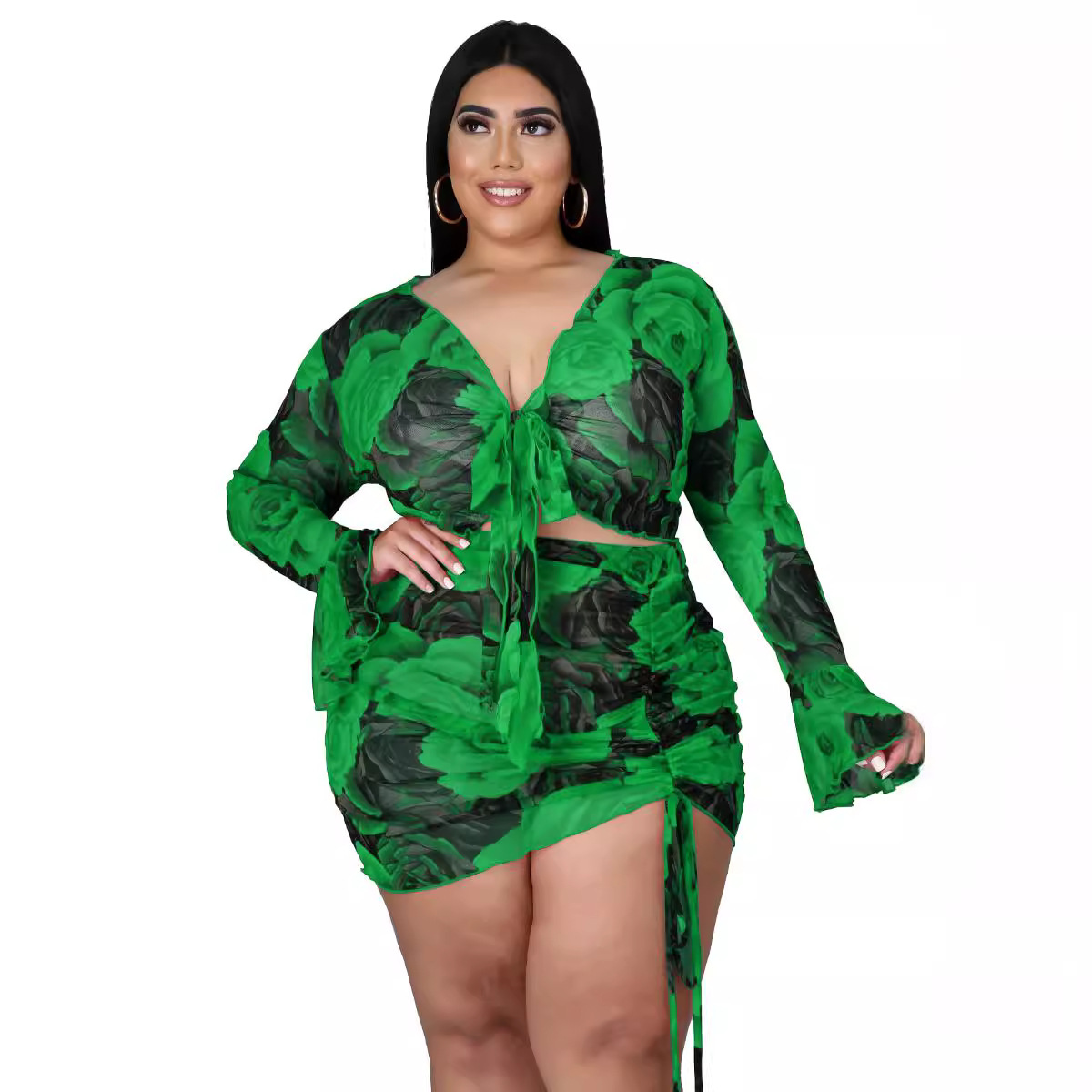 Women's plus Size Printed Two Piece Set Long Sleeve Drawstring Mesh Nightclub Style Sexy Polyester Clothing_voghion.com