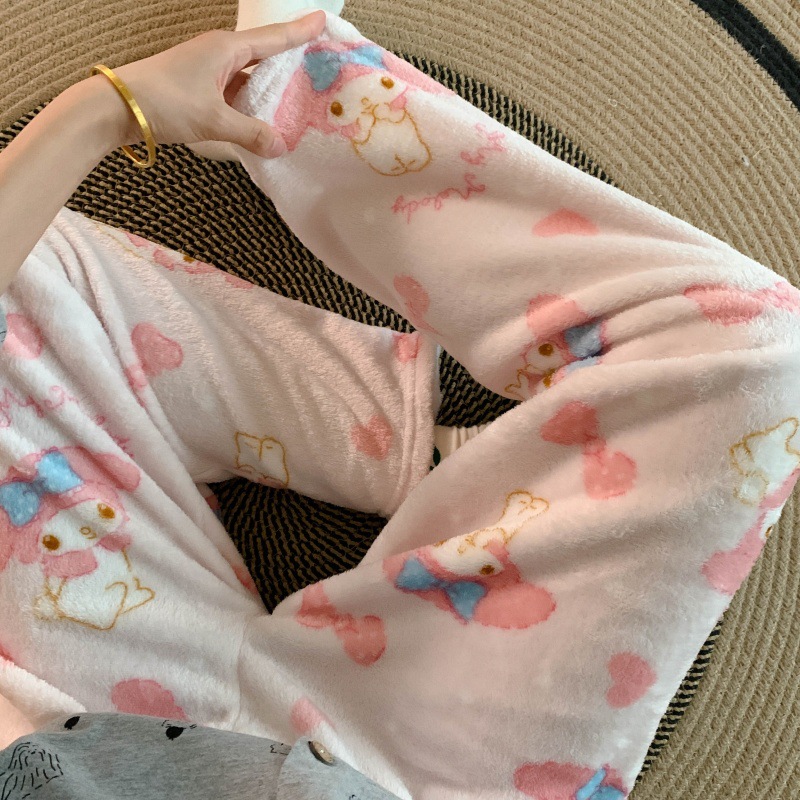 Pantalones de pijama de franela de dibujos animados de otoño y invierno para mujeres con pantalones de lana de coral caliente para estudiantes de lana de invierno para el hogar