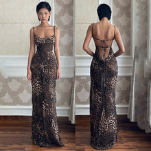 72881A欧美风爆款女装性感裙子派对礼服时尚豹纹露背挂脖连衣裙女