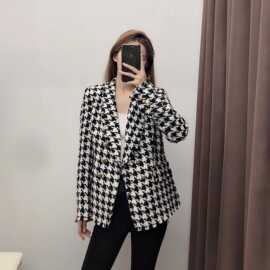 2021秋冬季亚马逊欧美风女装批发千鸟格粗纺贴袋修身西装外套西服