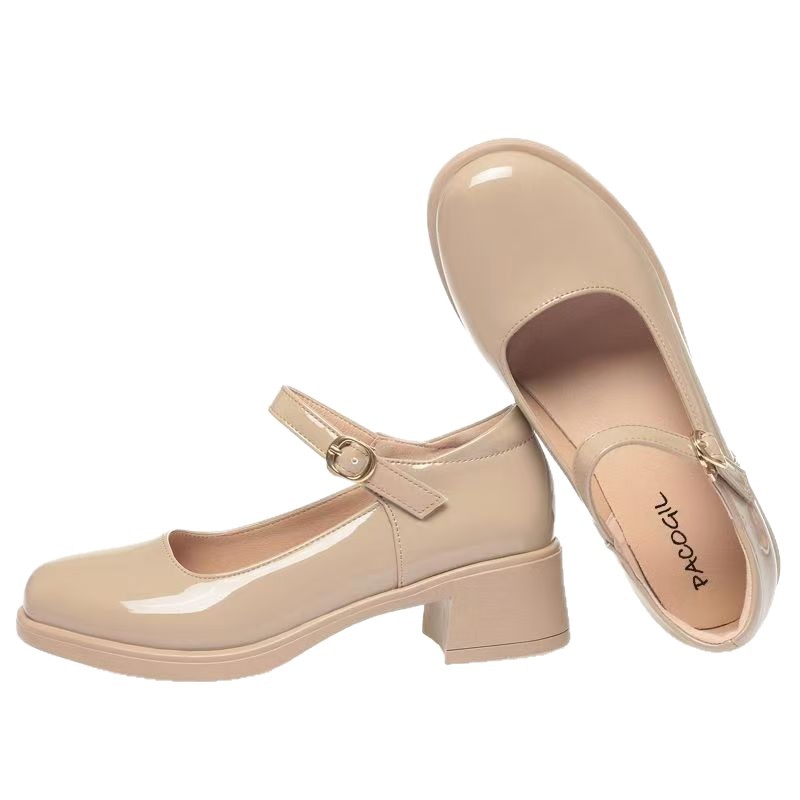 2026 primavera y otoño nuevos zapatos de cuero suave brillante, zapatos de talón grueso y medio cómodos, antideslizantes, zapatos de cabeza redonda superficiales