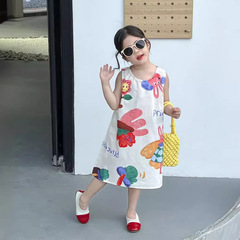 童裝女童連衣裙2024夏裝裙子可愛鼠兔童趣棉布裙圓領無袖背心裙