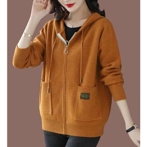 Pure Color Cashmere Cardigan for Women, Loose Hooded Zipper Sweater, Wool Knit Short Coat with Thicken