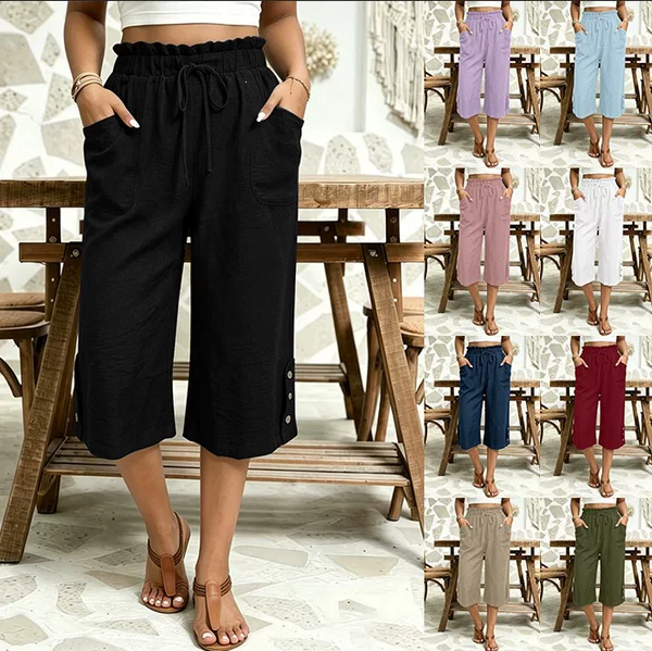2026 European and American New Style Amazon Tume Independent Site Fashion Casual Solid Color Loose Women's Mid-Length Pants Cotton and Linen Women's Clothing