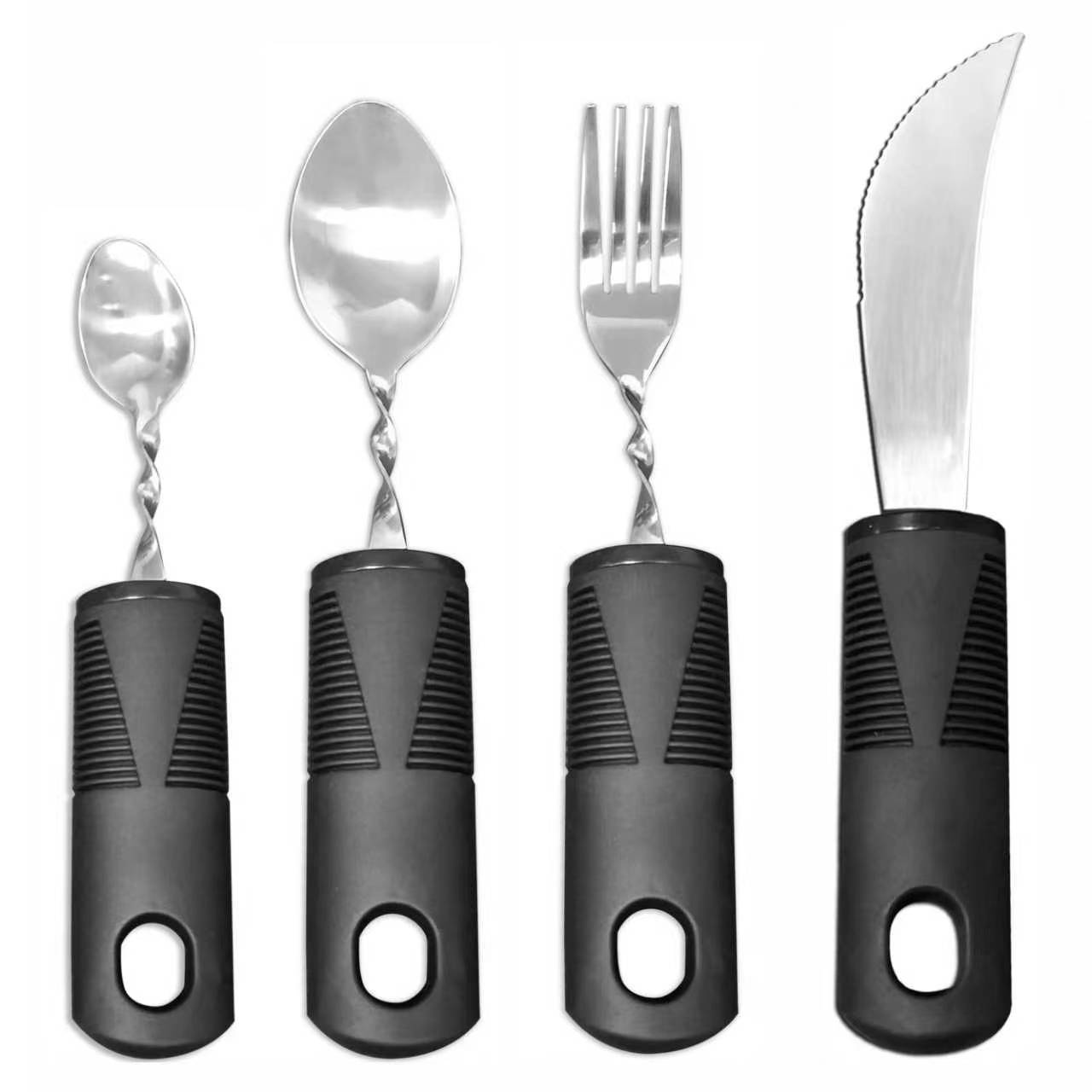 Mango transfronterizo de caucho y plástico de acero inoxidable antivibración, plegable adaptable y doblado para ancianos, vajilla de rehabilitación de alimentos, juego de cuchillos, tenedores y cucharas