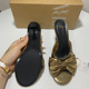 High Heels, Thin Heels, Shallow Mouth, Gold Bow, Back Air, 2024 Summer New Sandals, Round Toe, Straight Belt Women's Shoes