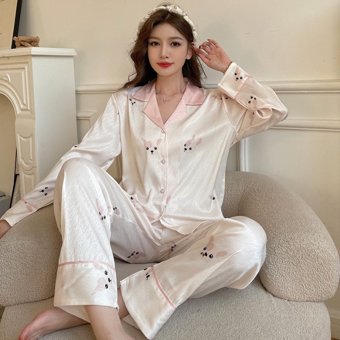 [Recomendación popular] vivir popular luz de lujo estilo occidental pijamas de alta gama de las mujeres lindo de manga larga de seda de hielo ropa para el hogar