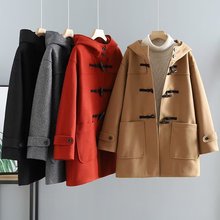 2024年冬装 日系小清新牛角扣连帽夹棉加厚毛呢外套保暖呢子大衣