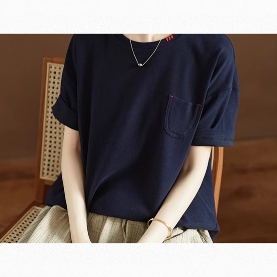 Summer New Small Pocket Design Cotton Top Women's Round Neck Loose Casual Short Sleeve Pullover Casual T-Shirt