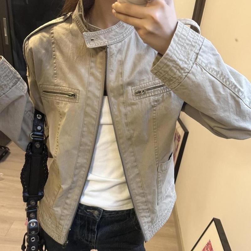 秋季立领咖色美式复古做旧正肩牛仔夹克外套女秋新款显瘦牛仔上衣|undefined