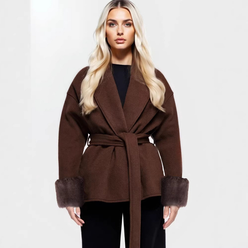 AD963 Cross-border Autumn and Winter European and American Popular Women's Woolen Coat, Elegant and Fashionable, with Tie-Waist Design for a Slimming Effect