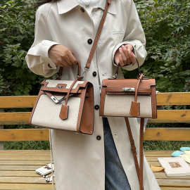 高级感复古手提拎凯莉包包女热销跨境新款麻布拼接撞色单肩斜挎包