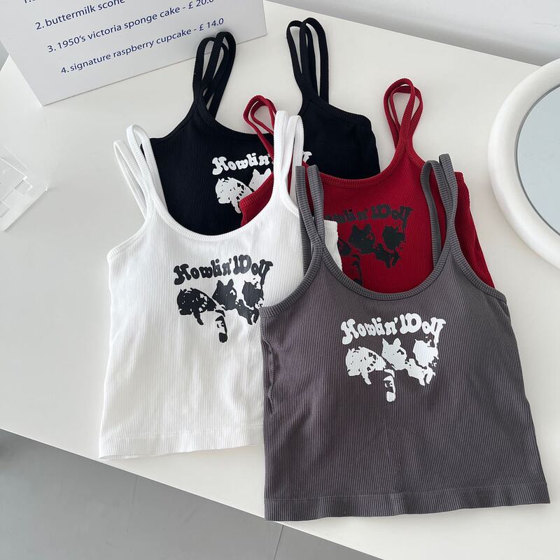 New Spice Girls Red Printed Camisole Women's Summer Sports Style Slim-fit Short Top Trendy Outer Wear