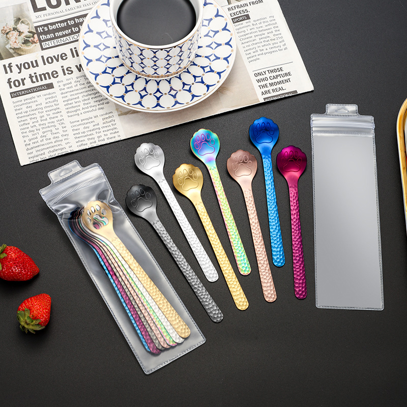 Cuchara de garra de gato de acero inoxidable 304 Cuchara de hielo de mango largo Taza de mezcla de miel Cuchara de postre de café de helado al por mayor