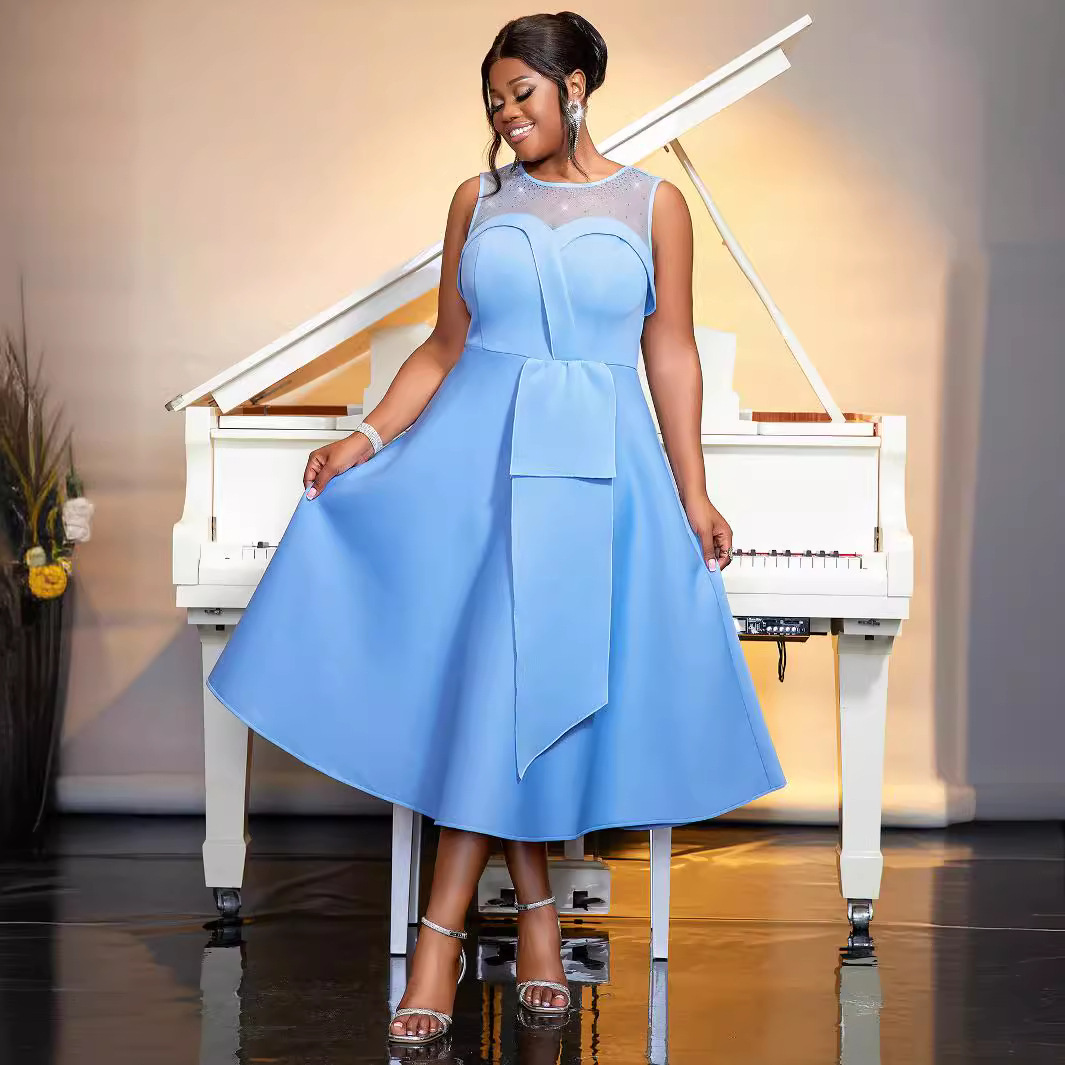 Vêtements pour femmes jupe ample en maille épissée jupe trapèze grande taille robe de soirée sans manches_voghion.com