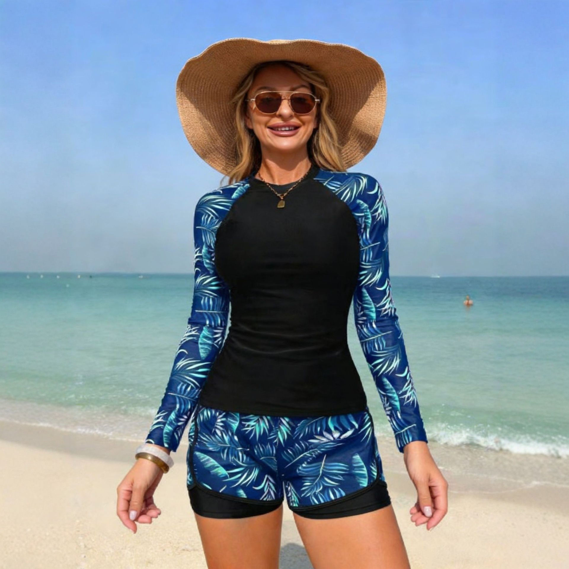 Women's Long Sleeve Tankini Top Bottom Set Sexy Style Swimming Suit Mite Printed Durable Waterproof Cross Border Swimsuit for Racing_voghion.com