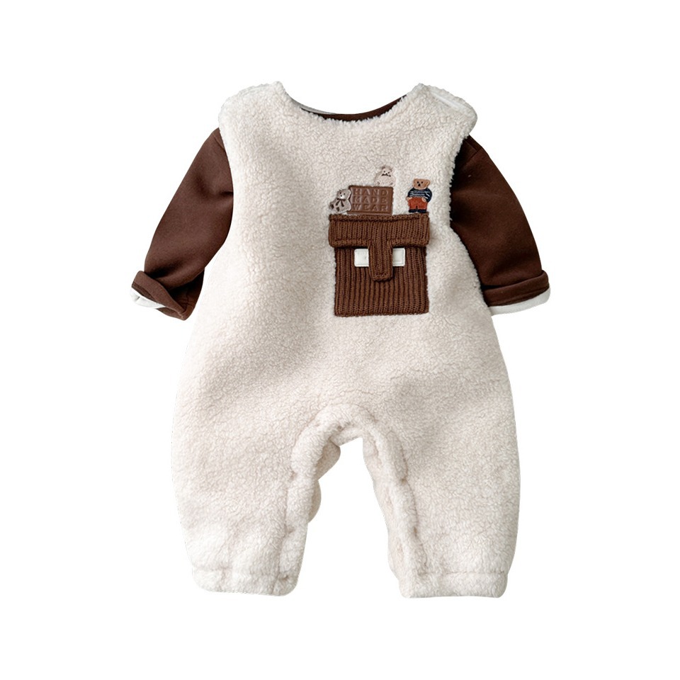 Traje de ropa para niños para bebés coreanos 2024 otoño e invierno nuevo producto traje de escalada de terciopelo de trigo dorado mono de dos piezas para bebés masculinos