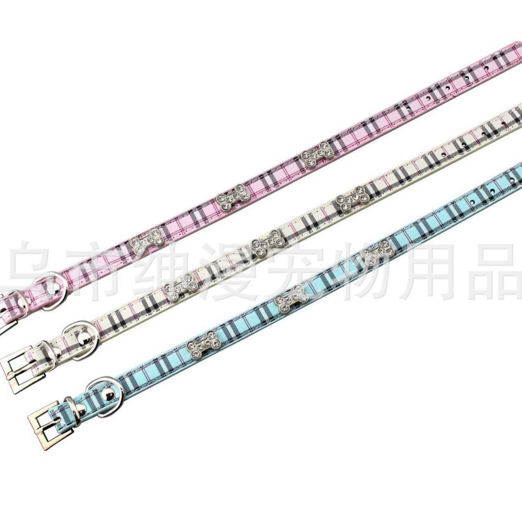 Factory direct sales classic Scottish plaid PU rhinestone bone pet collar dog leash pet supplies wholesale