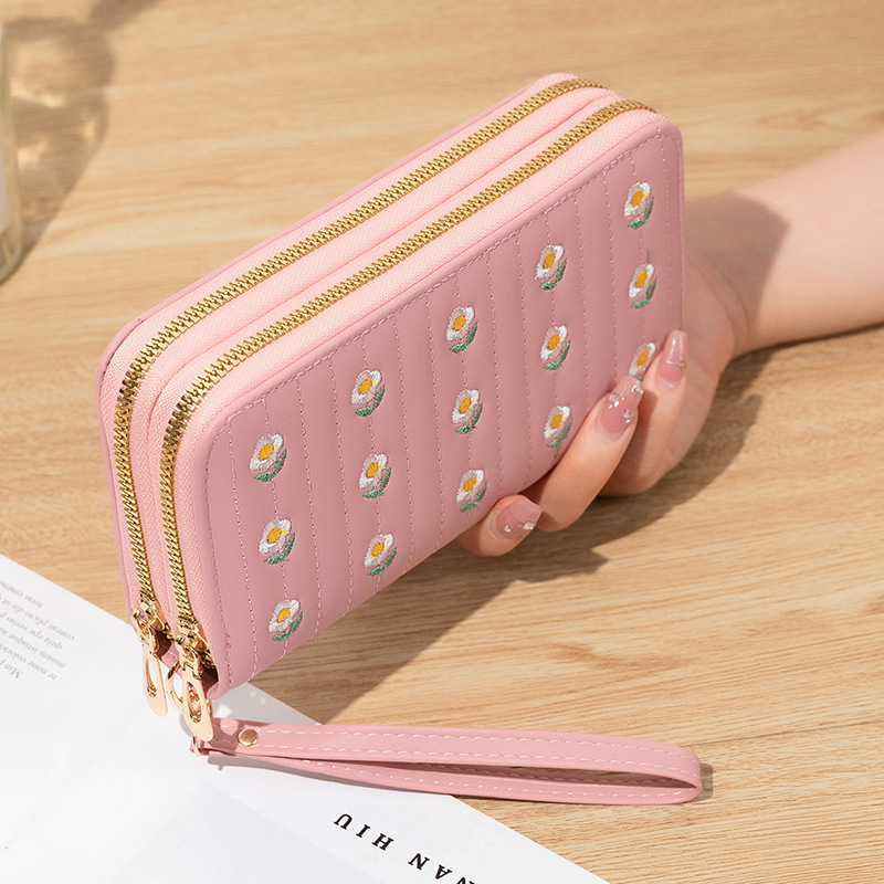 新型の女性の長いタイプの百合の双ファスナーの韓国版の学生の刺繍の大容量の携帯電話のカバンのハンドバッグの柔らかい小銭入れ|undefined