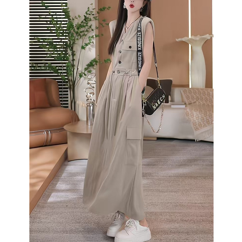 High-End Workwear Dress for Women in Summer, Large Size, Fat Waist, Slimming Drawstring, Sleeveless Vest, Long Skirt