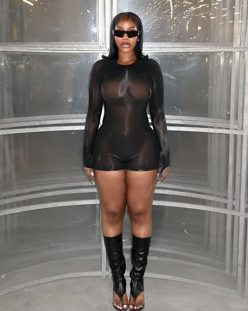 Glänzender Transparenter Bodysuit Langarm Elastischer Catsuit_voghion.com