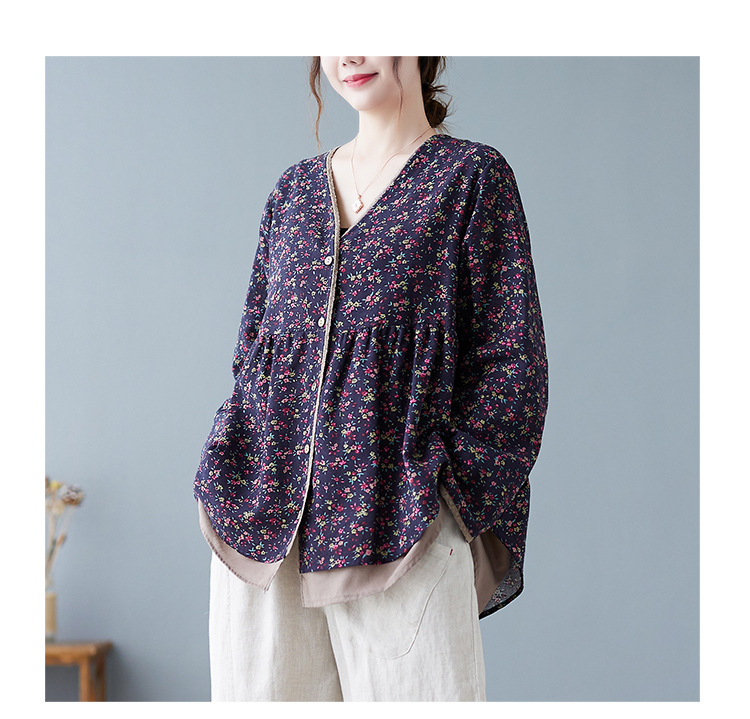 350g Weight Long Sleeve Sleeve Length Single Breasted Placket Type Regular Sleeve Sleeve Type Printing, Cotton and Linen, Hemp Fabric Type Ordinary Model (50cm <Length ≤ 65cm) Top Length Fake two-piece set, Shirt Tops Type V Neck Neckline Loose Fit Type Floral Pattern Temperament Commuter, Commute style Style Printing Craft Autumn 2025 Women's Floral V-neck Open Cardigan Fake Two-Piece Loose Cotton Linen Plus Size Shirt Elegant Commute Style 9