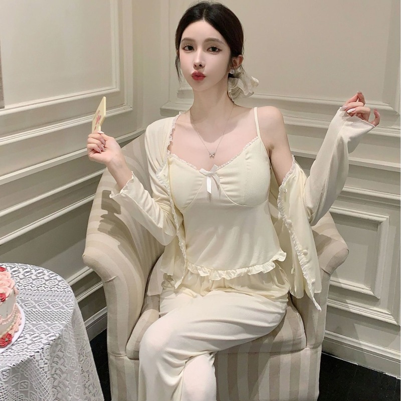秋季新款睡衣女莫代尔三件套高级感长袖长裤简约居家服小香风带胸|undefined