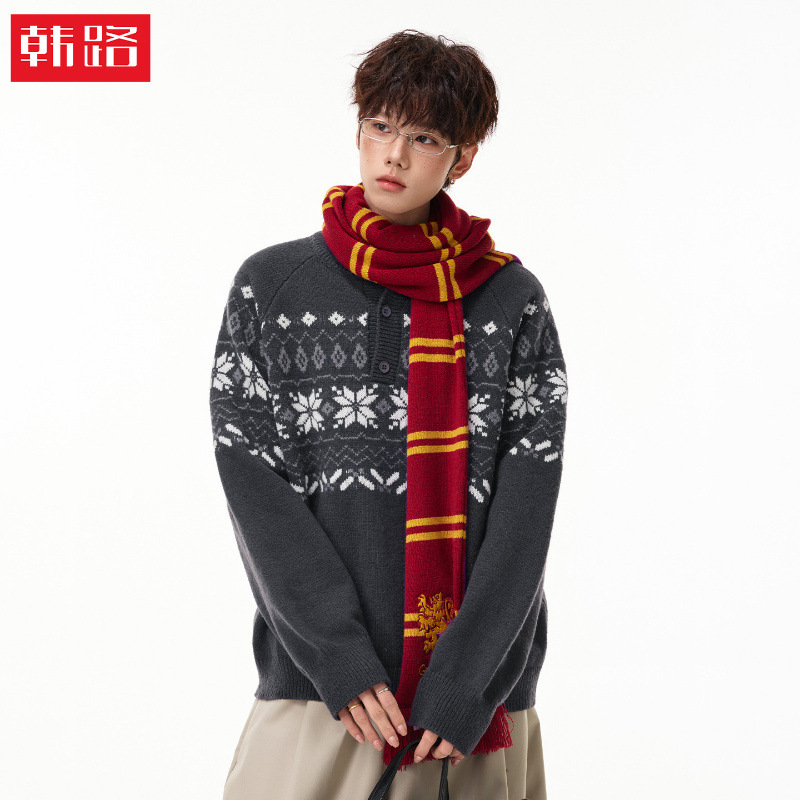 Hanlu | Henley collar casual retro sweater for men, autumn and winter Fair Isle jacquard casual warm knit jacket Hanlu | Henley collar casual retro sweater for men, autumn and winter Fair Isle jacquard casual warm knit jacket