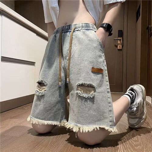 Vintage Frayed Hole American Street Style Men's Summer Thin Trousers Trendy Brand Cool Bad Boy Five-Finger Pants